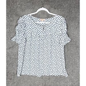 Blousology Short Pleated Sleeve Polka Dot Keyhole Top Womens Size XL‎ Blue White